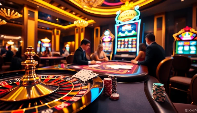 Engaging gameplay scene from RIKVIP casino with poker chips and cards, highlighting excitement and strategy.