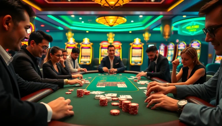 Hello88 poker table with players in an exciting casino scene filled with vibrant colors and anticipation.