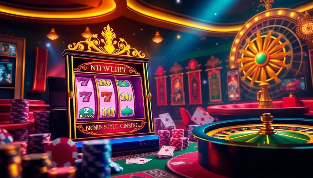 Engaging scene of online nổ hũ gaming with vibrant slot machine and casino elements.
