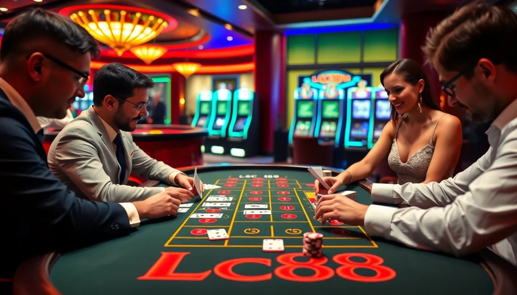 Players enjoying a thrilling baccarat game at a Lc88 branded table in a luxurious casino.