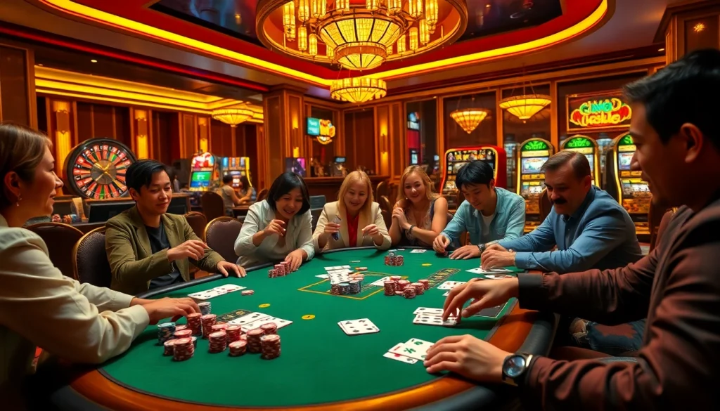 Players enjoy an exciting poker game at vn88 casino, showcasing vibrant chips and cards.