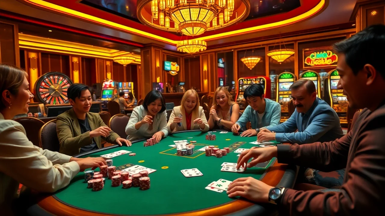Players enjoy an exciting poker game at vn88 casino, showcasing vibrant chips and cards.