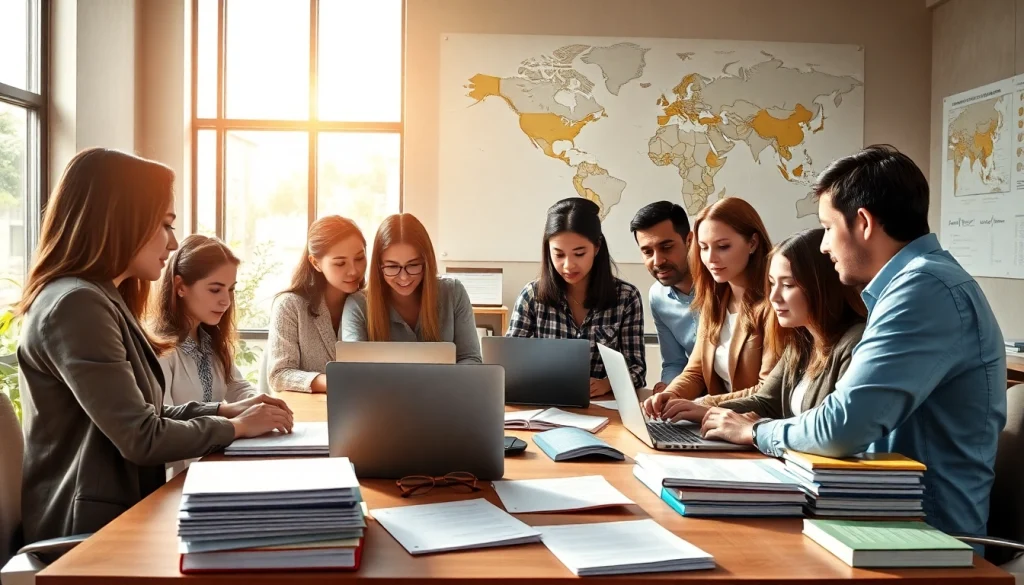 Certified translation workspace with diverse translators collaborating professionally.