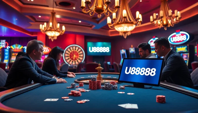 Experience the thrill of U8888 at a luxurious casino with poker tables and vibrant slot machines.