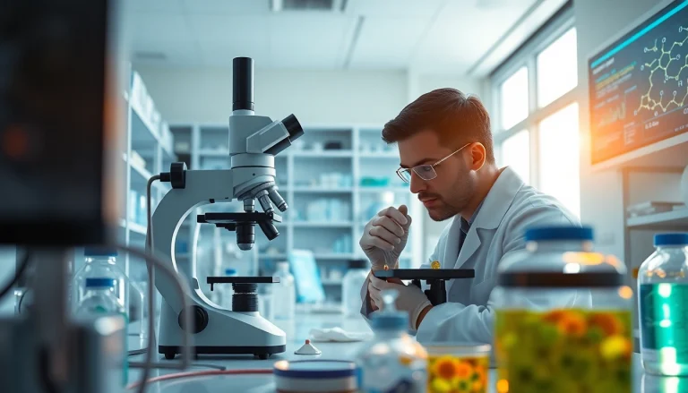 Professional laboratory scene highlighting utherpeptide.com with a scientist analyzing peptides, reflecting innovation and trust.