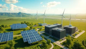 Image representing the best cloud mining platforms with a modern cryptocurrency mining facility utilizing renewable energy sources.