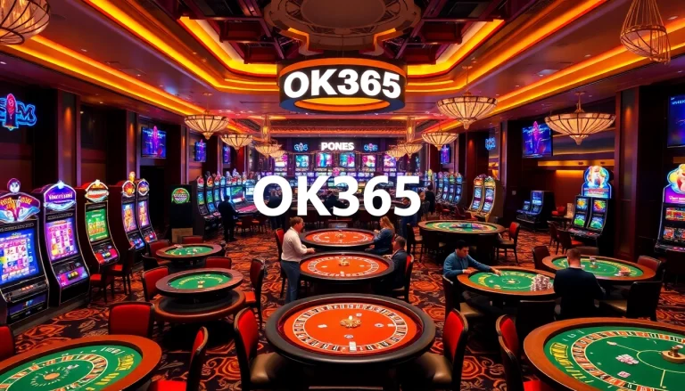 Experience the excitement of gambling at OK365 casino tables with vibrant slot machines and poker chips.