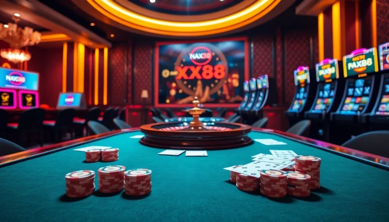 Engaging scene featuring Nhà cái xx88 with poker table, roulette wheel, and vibrant slot machines.