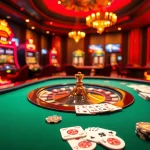 RAJABARONG casino excitement with poker chips and luxury playing cards on a roulette table.