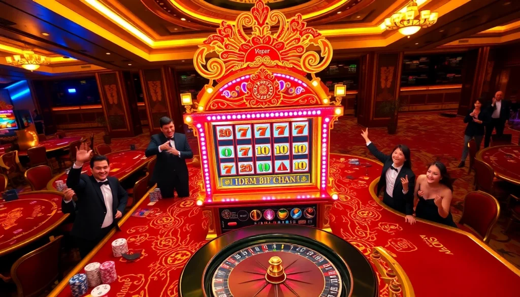 Excited players celebrating their win at the Raja Barong Slot machine in a luxurious casino setting.
