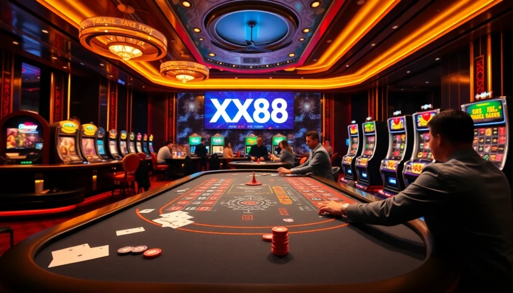 Engaged players enjoying a thrilling moment at XX88 casino, showcasing vibrant games and excitement.
