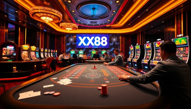 Engaged players enjoying a thrilling moment at XX88 casino, showcasing vibrant games and excitement.