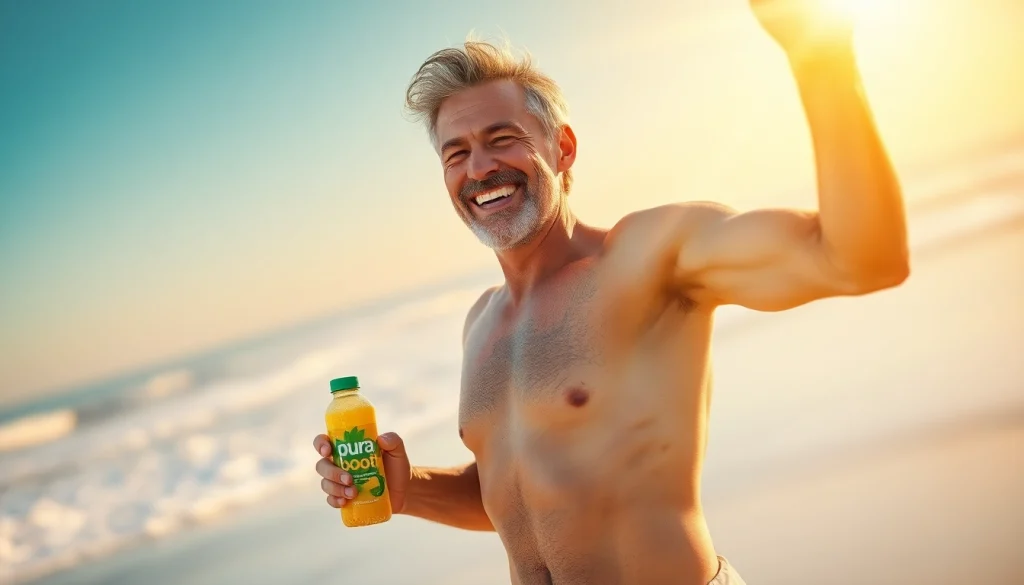 Active man radiating confidence with Pura Boost on the beach, showcasing vitality and energy.