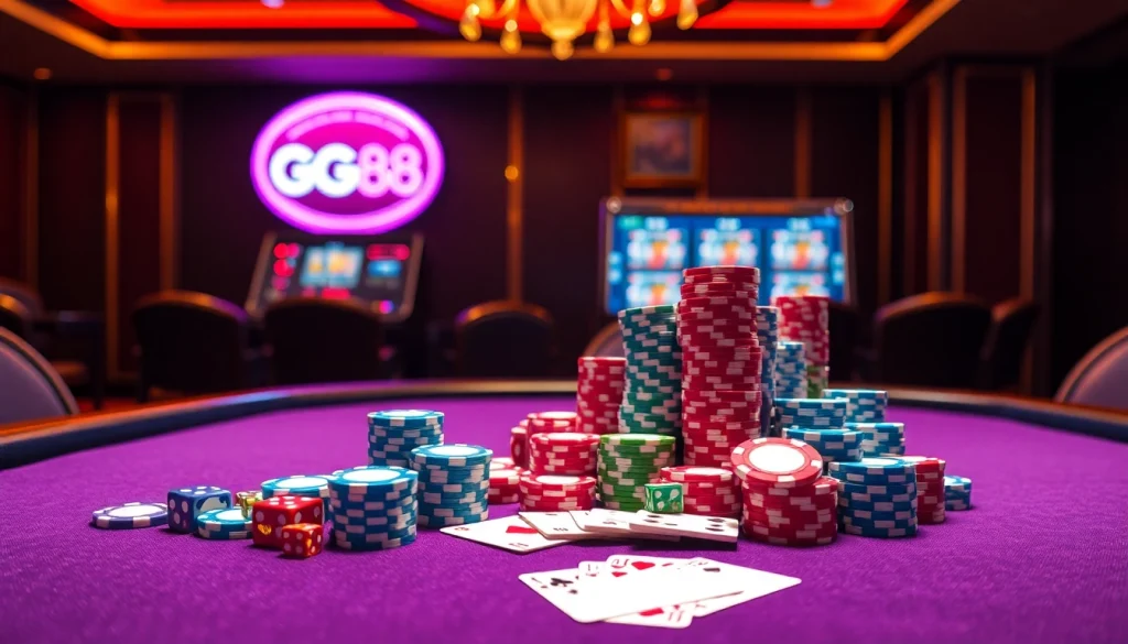 High-stakes poker game at GG88 casino with vibrant chips and cards