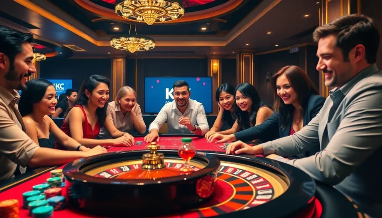 KJC casino scene showcasing players engaging in high-stakes table games with vibrant poker chips.