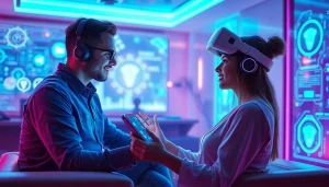 Engaging in AI sex chat with a digital character on a tablet in a futuristic setting.