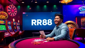 Experience luxury gambling with RR88's online casino interface showcasing vibrant gaming elements.