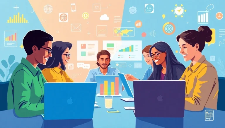 Dynamic collaboration scene representing bloglabs.wiki with diverse individuals engaging on digital platforms.