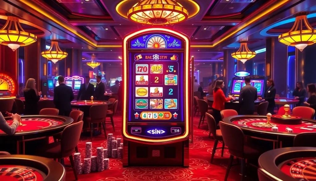 Gamblers trying their luck at the s8 slot machine in an upscale casino setting.