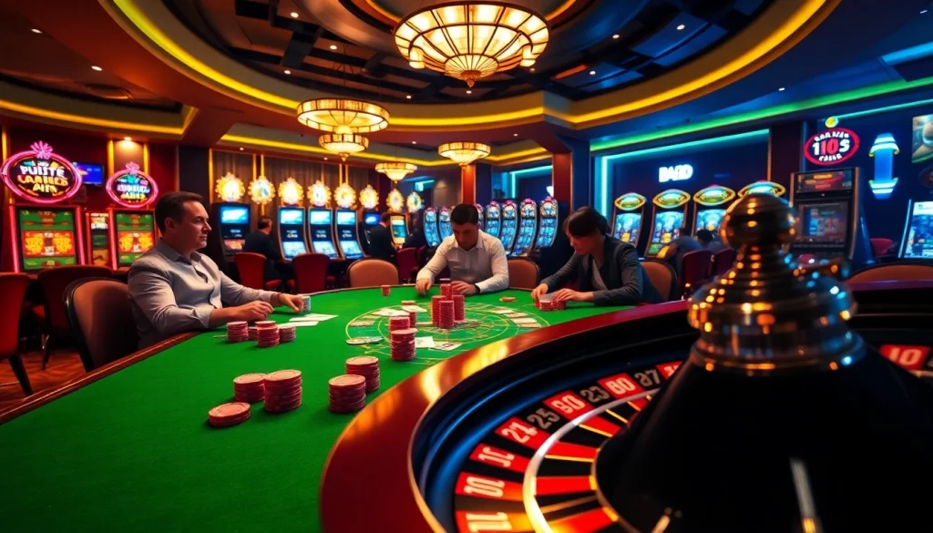 Gamblers enjoying a vibrant poker game at https://777vip.bio/, with flashy chips and cards in action.