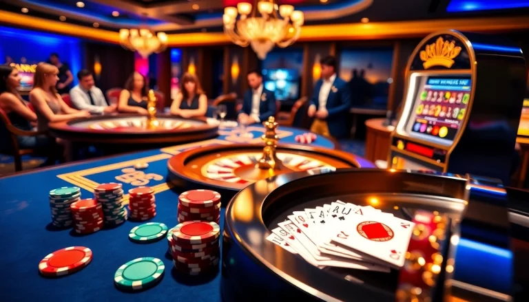 Engaged players betting at an elegant casino scene featuring https://mm88.how/ poker chips and a roulette table.