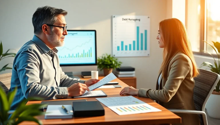 Consulente finanziario esperto che guida un cliente attraverso un quiz di autodiagnosi sul sovraindebitamento in un ufficio moderno.