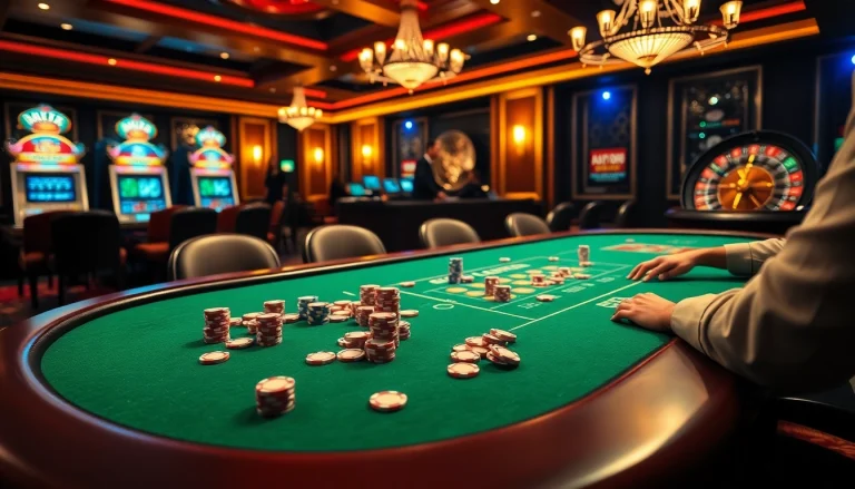 Exciting poker game at https://king88b.us.com/ casino with colorful chips and thrilling atmosphere.