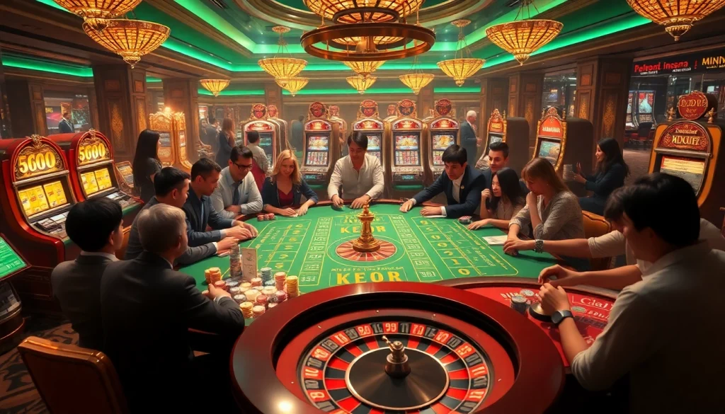 RAJABARONG casino scene with players at a poker table, vibrant slot machines, and a roulette wheel.