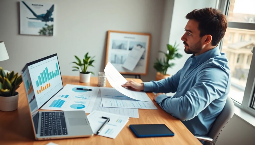 Księgowość dla firmy budowlanej – ilustrowana przez profesjonalnego księgowego pracującego z dokumentami finansowymi dotyczącymi budownictwa w nowoczesnym biurze.