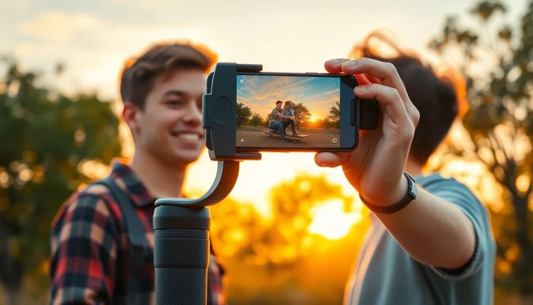 Young filmmaker using a phone gimbal for dynamic outdoor video creation.