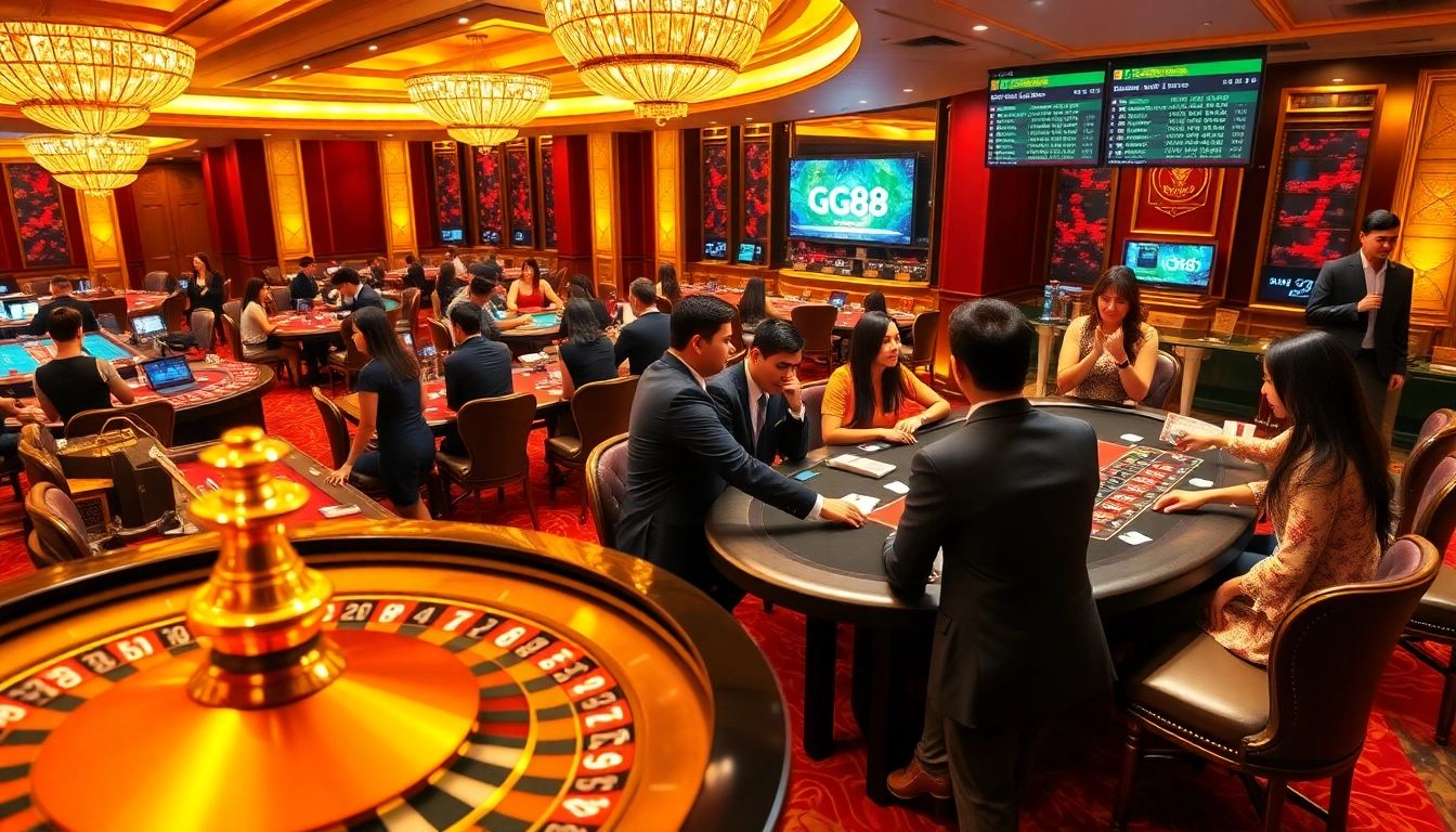 GG88 casino scene featuring live tables, vibrant players, and luxurious gaming elements.