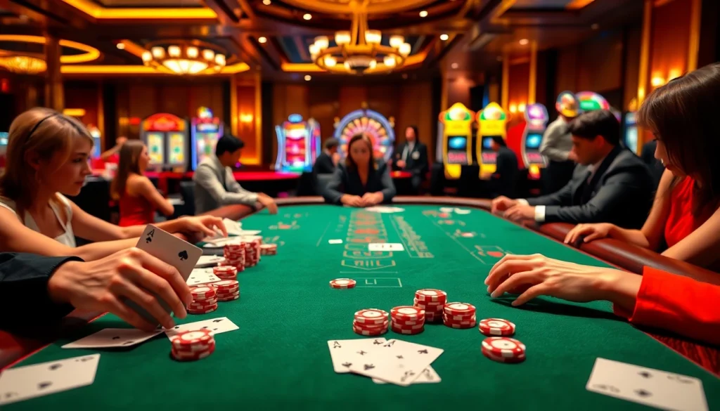 Players immersed in a thrilling baccarat game at Nhà Cái BJ888's luxurious casino table.