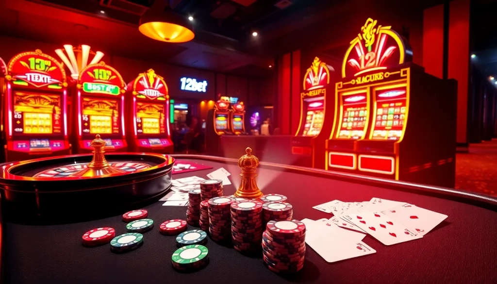 Experience the excitement of betting at 12bet with a dynamic online gambling scene featuring a roulette wheel and poker cards.