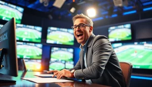 Captivating sports broadcasting experience showcasing an energetic commentator and vibrant screens.