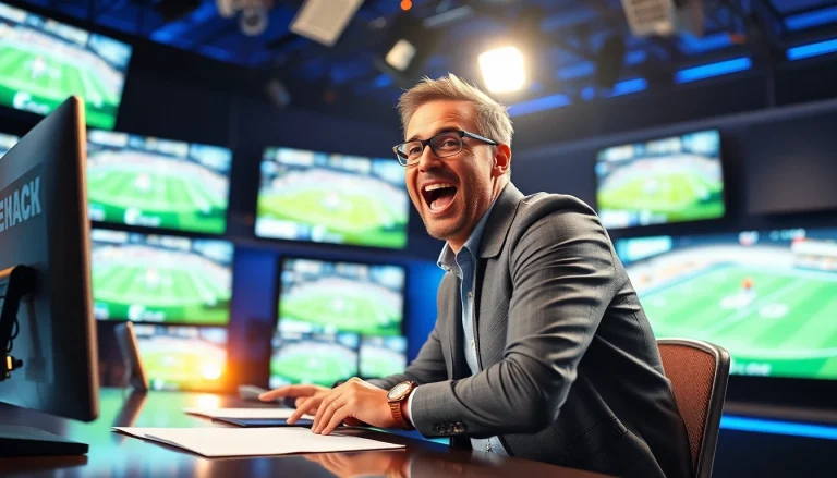 Captivating sports broadcasting experience showcasing an energetic commentator and vibrant screens.