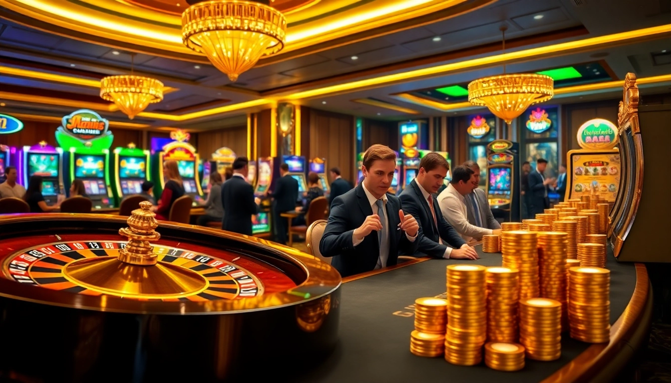 Players enjoying games at a casino showcasing hello88 branded poker chips and roulette.