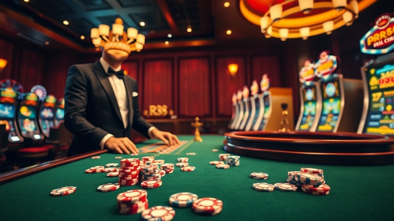 Experience the vibrant excitement of RR88 at a luxurious casino table with poker chips and a roulette wheel.