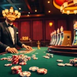 Experience the vibrant excitement of RR88 at a luxurious casino table with poker chips and a roulette wheel.