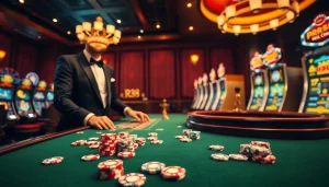 Experience the vibrant excitement of RR88 at a luxurious casino table with poker chips and a roulette wheel.