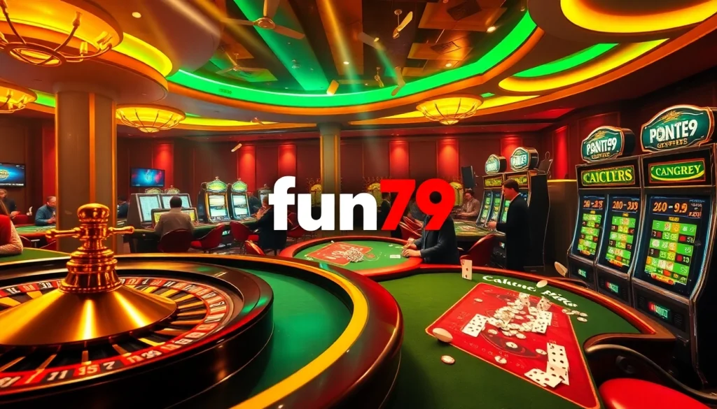 Players enjoying a lively fun79 casino atmosphere with roulette and poker.