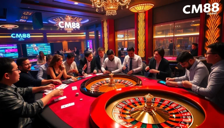 Players enjoying a thrilling gambling experience at a luxury casino table featuring CM88 branding.