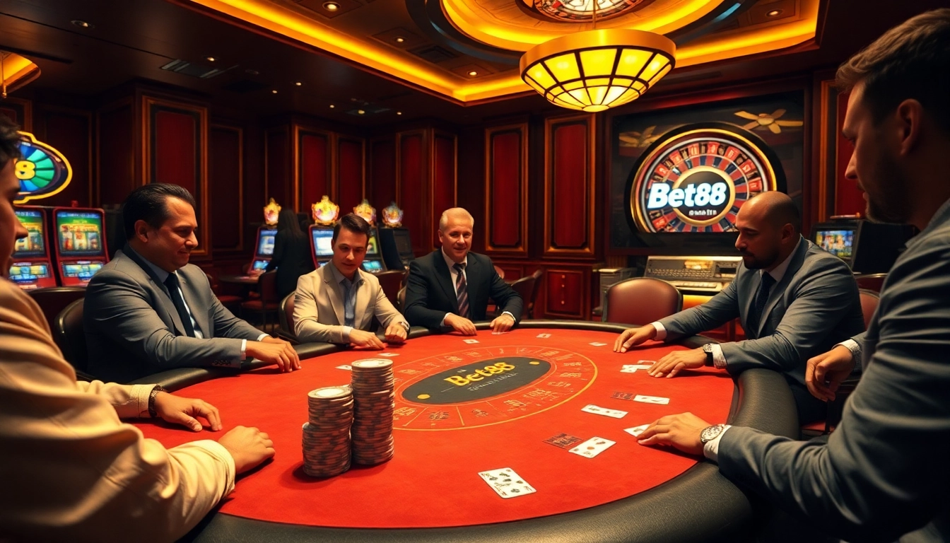 Bet88 poker table with professional players and vibrant casino atmosphere.