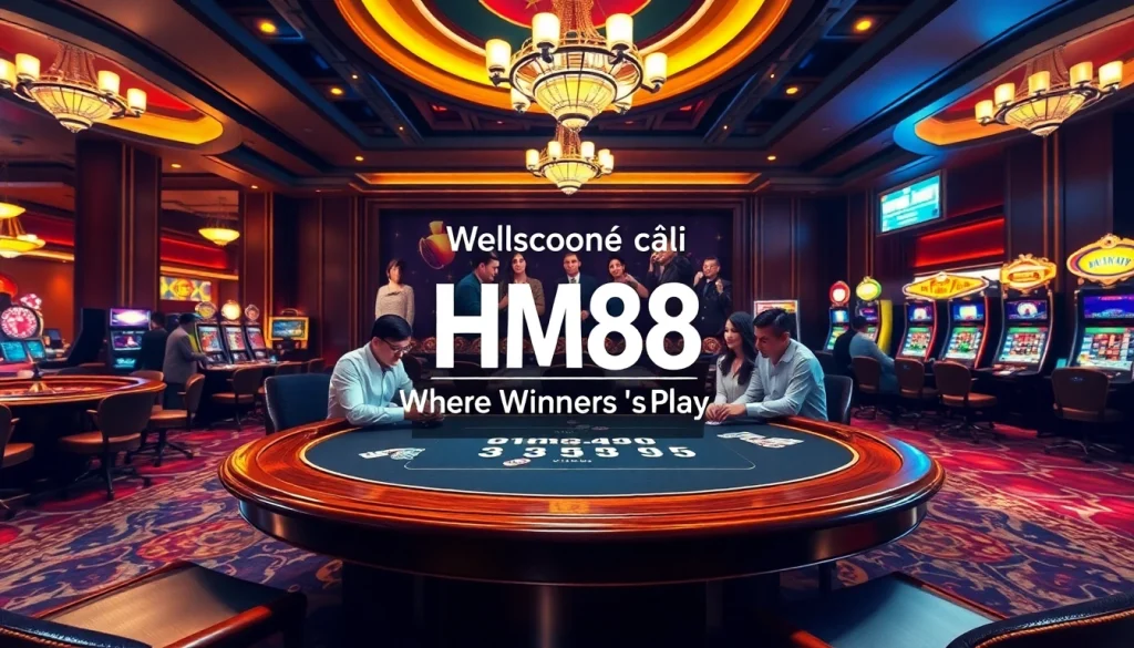 Exciting gaming scene at Nhà cái Hm88 with poker tables and roulette wheels