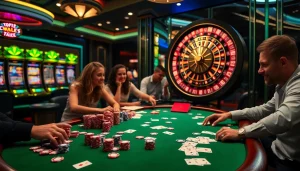 Experience the excitement of gaming at 222bd one with a vibrant casino scene featuring poker, roulette, and slot machines.