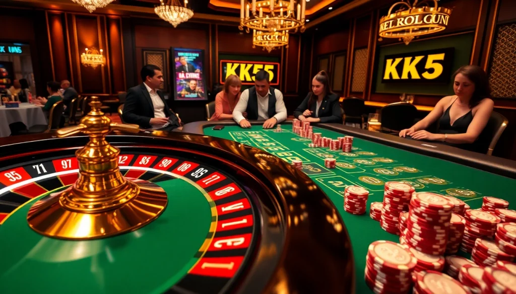 Engage in premium casino action with KK55-themed roulette and poker tables.