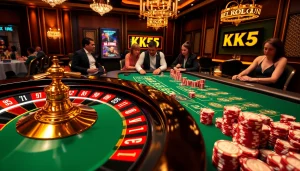 Engage in premium casino action with KK55-themed roulette and poker tables.
