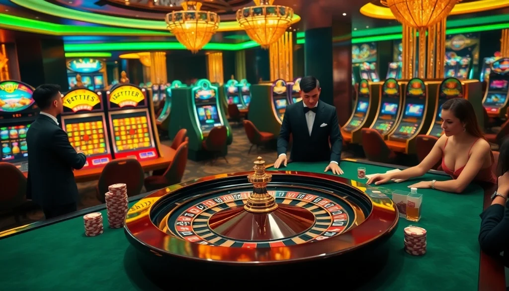 Players enjoying a thrilling game at sky88 casino with luxe ambiance and vibrant gaming tables.