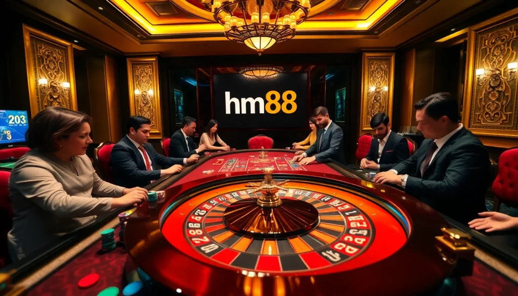 Experience the thrill of gambling at an hm88 casino table with vibrant poker chips and roulette.