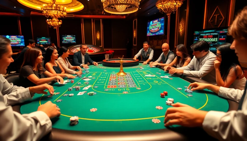 Players enjoying the DF999 casino table filled with vibrant poker chips and cards.