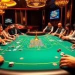 Players enjoying the DF999 casino table filled with vibrant poker chips and cards.